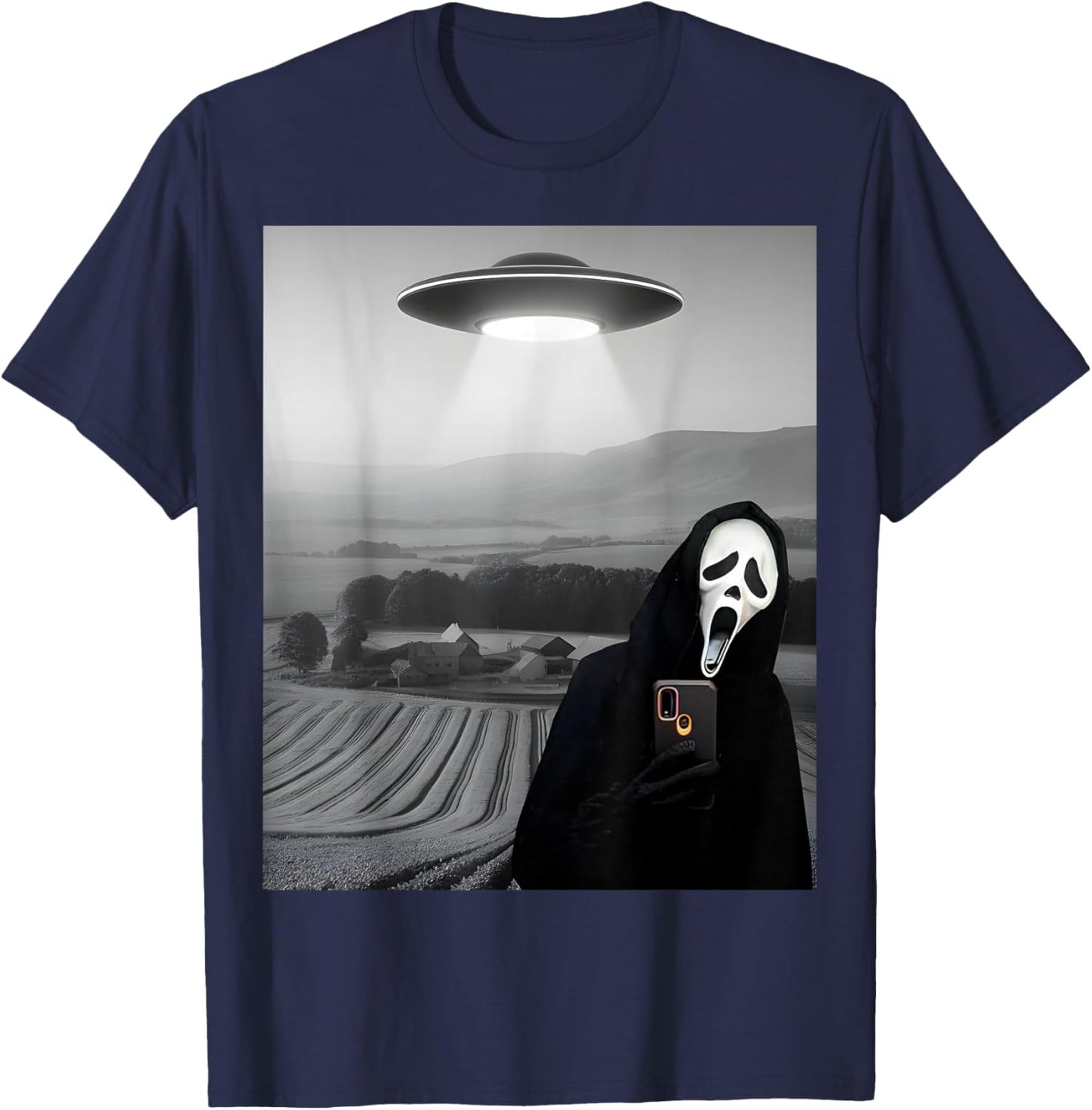 Cute Scary Face Horror Ghost Selfie with Alien UFO Funny T-Shirt - T-Shirt | Navy
