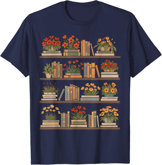 Whimsical Books and Blooms T-Shirt - T-Shirt | Navy
