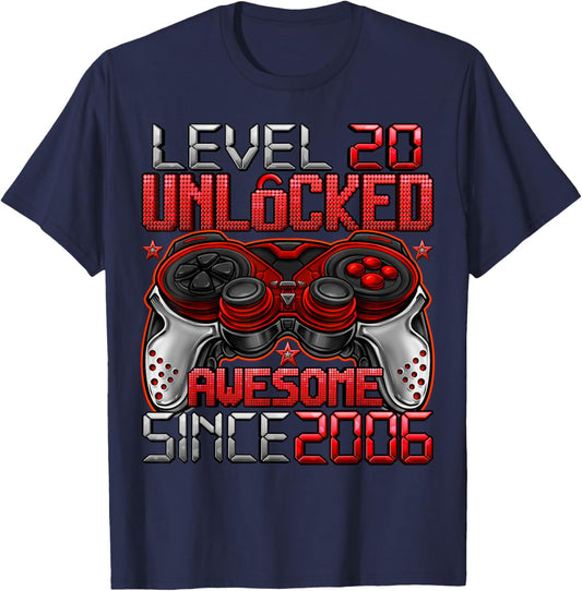 Level 20 Unlocked 20 Year Old Gifts Boys 20th Birthday Boy T-Shirt - T-Shirt | Navy