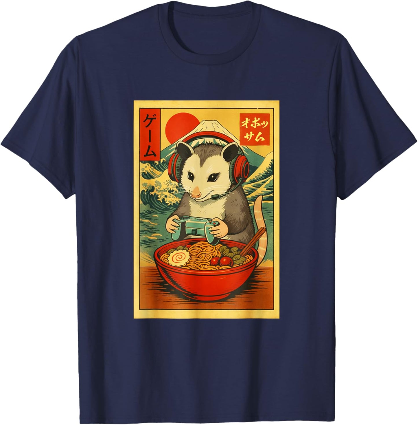 Opossum Gaming Ramen Japanese Ukiyo-e Great Wave Retro Art T-Shirt - T-Shirt | Navy