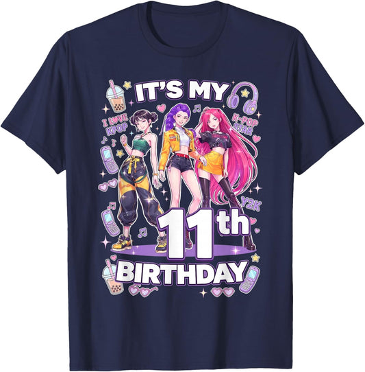 11th Birthday 11 Year Old Girl Korean Pop Kpop Bday Party T-Shirt - T-Shirt | Navy