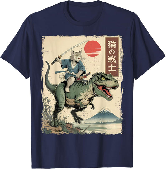 Funny Cat Riding T-Rex Japanese Ukiyo-e Art Samurai Cat T-Shirt - T-Shirt | Navy