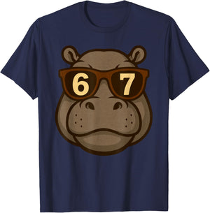 Funny Hippopotamus Hippo Sunglasses 67 Six Seven Meme T-Shirt - T-Shirt | Navy