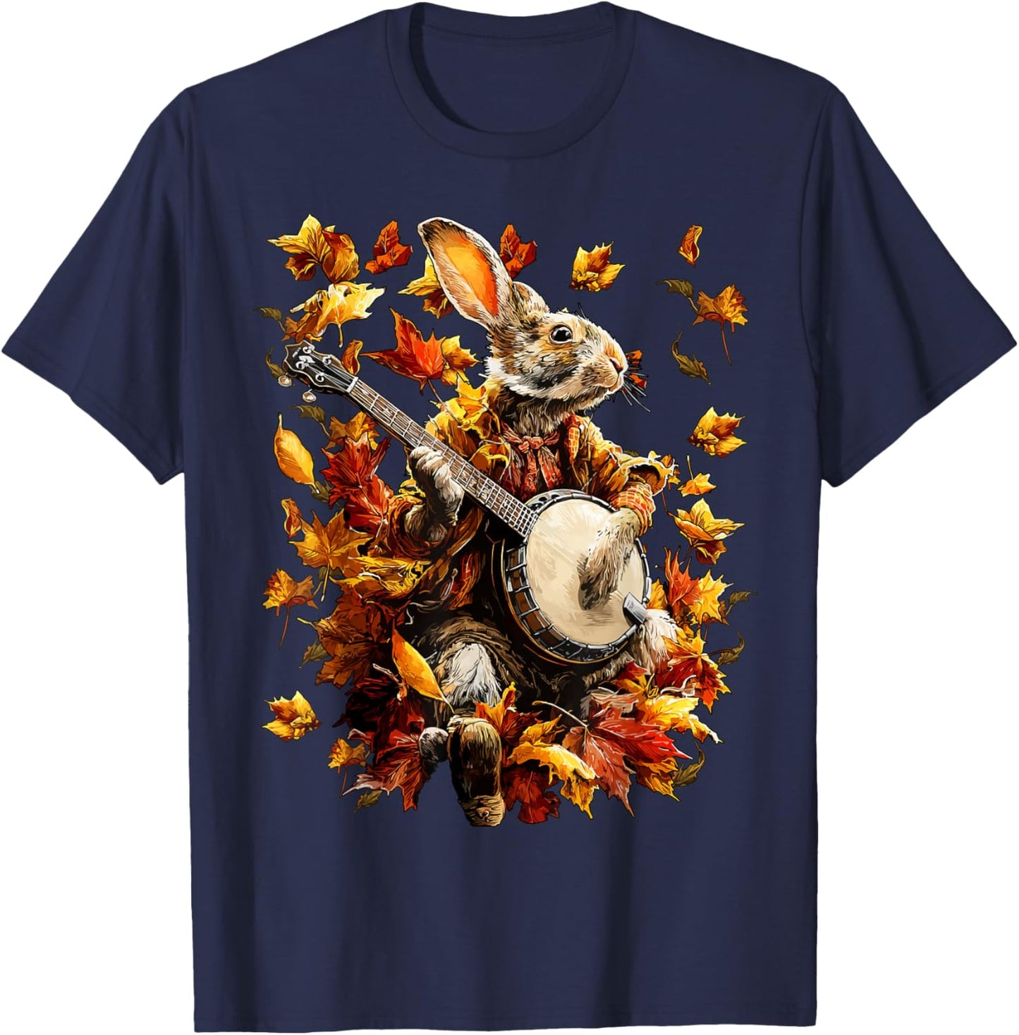 Banjoist Rabbit Playing Banjo Picker Fall Leaves Autumn Art T-Shirt - T-Shirt | Navy