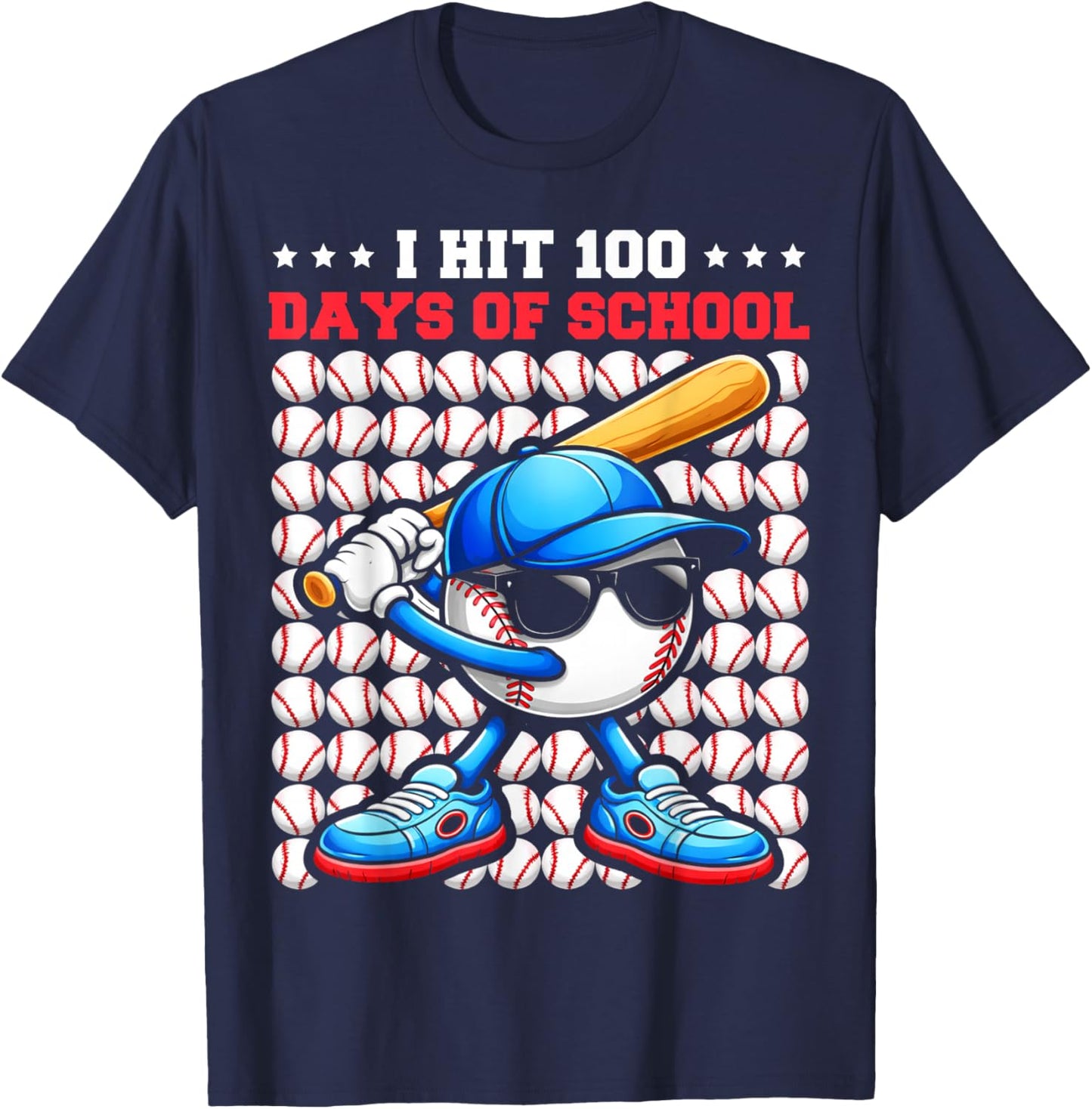 I Hit 100 Days of School Funny Baseball Player Kids Boys Son T-Shirt - T-Shirt | Navy