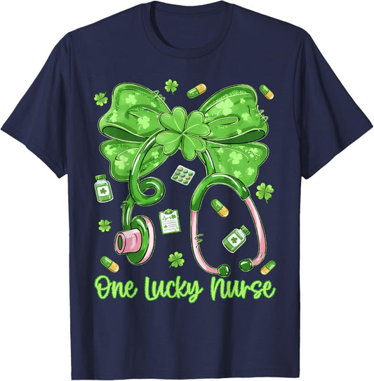 One Lucky Nurse Saint Paddys RN St Patricks Day Bow Nurses T-Shirt - T-Shirt | Navy