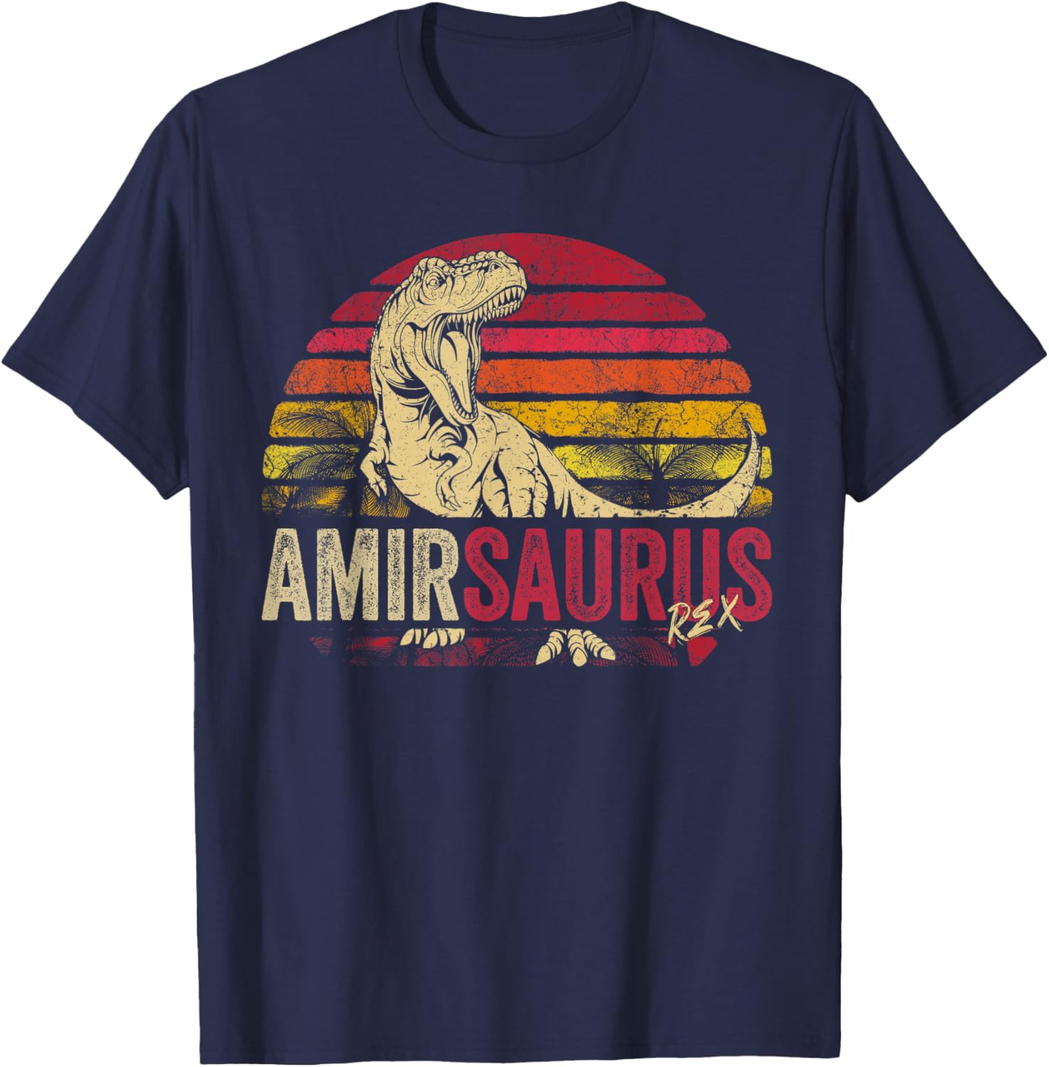 Amir Saurus Funny Personalized Dinosaur T Rex Boys Name T-Shirt - T-Shirt | Navy