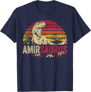 Amir Saurus Funny Personalized Dinosaur T Rex Boys Name T-Shirt - T-Shirt | Navy