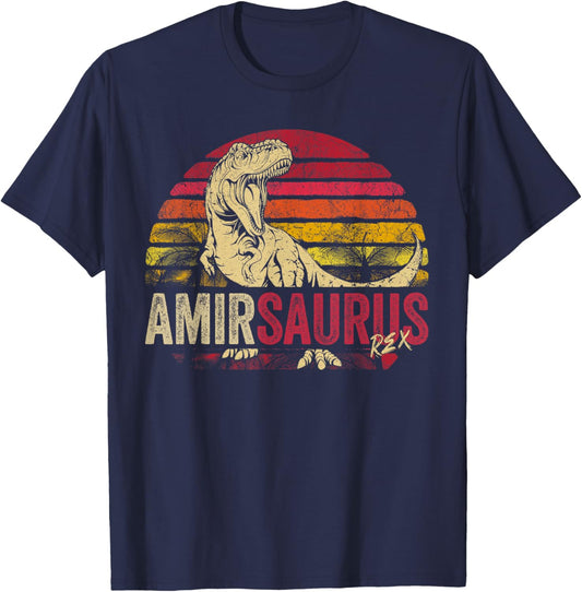 Amir Saurus Funny Personalized Dinosaur T Rex Boys Name T-Shirt - T-Shirt | Navy