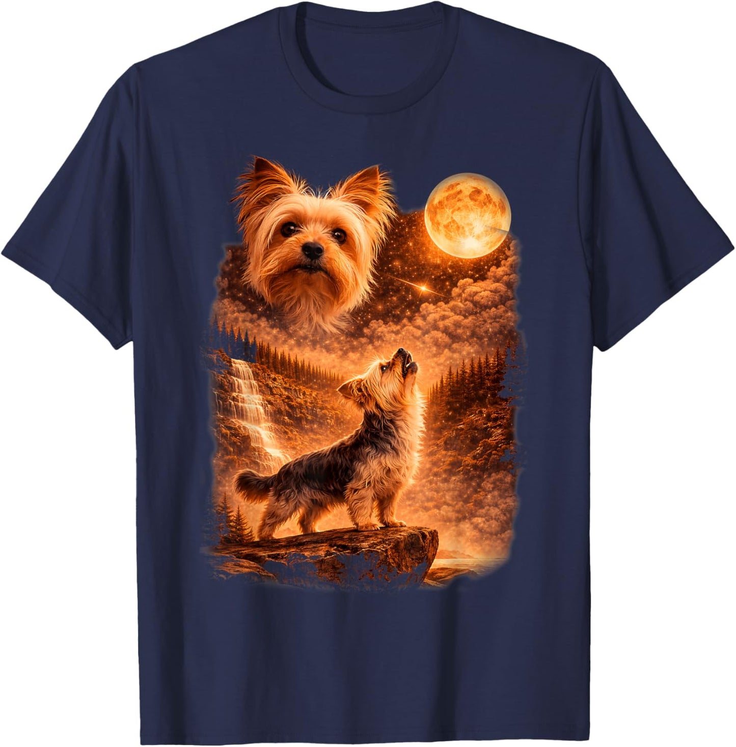 Yorkie Howling to The Moon Funny Vintage 90s Dog Lover T-Shirt - T-Shirt | Navy