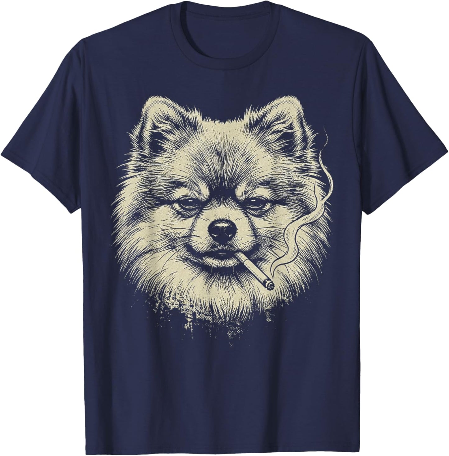 Funny Pomeranian Dog Smoking Cigarette Meme Vintage Graphic T-Shirt - T-Shirt | Navy