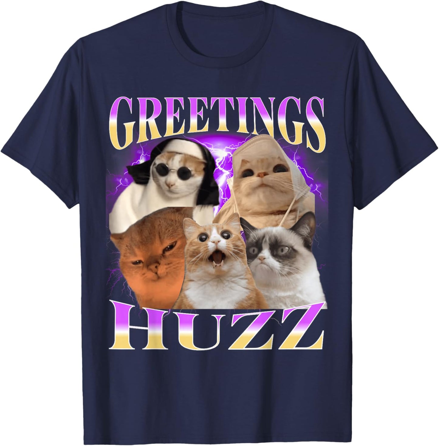 Greetings Huzz Funny Cat Meme Bootleg T-Shirt - T-Shirt | Navy