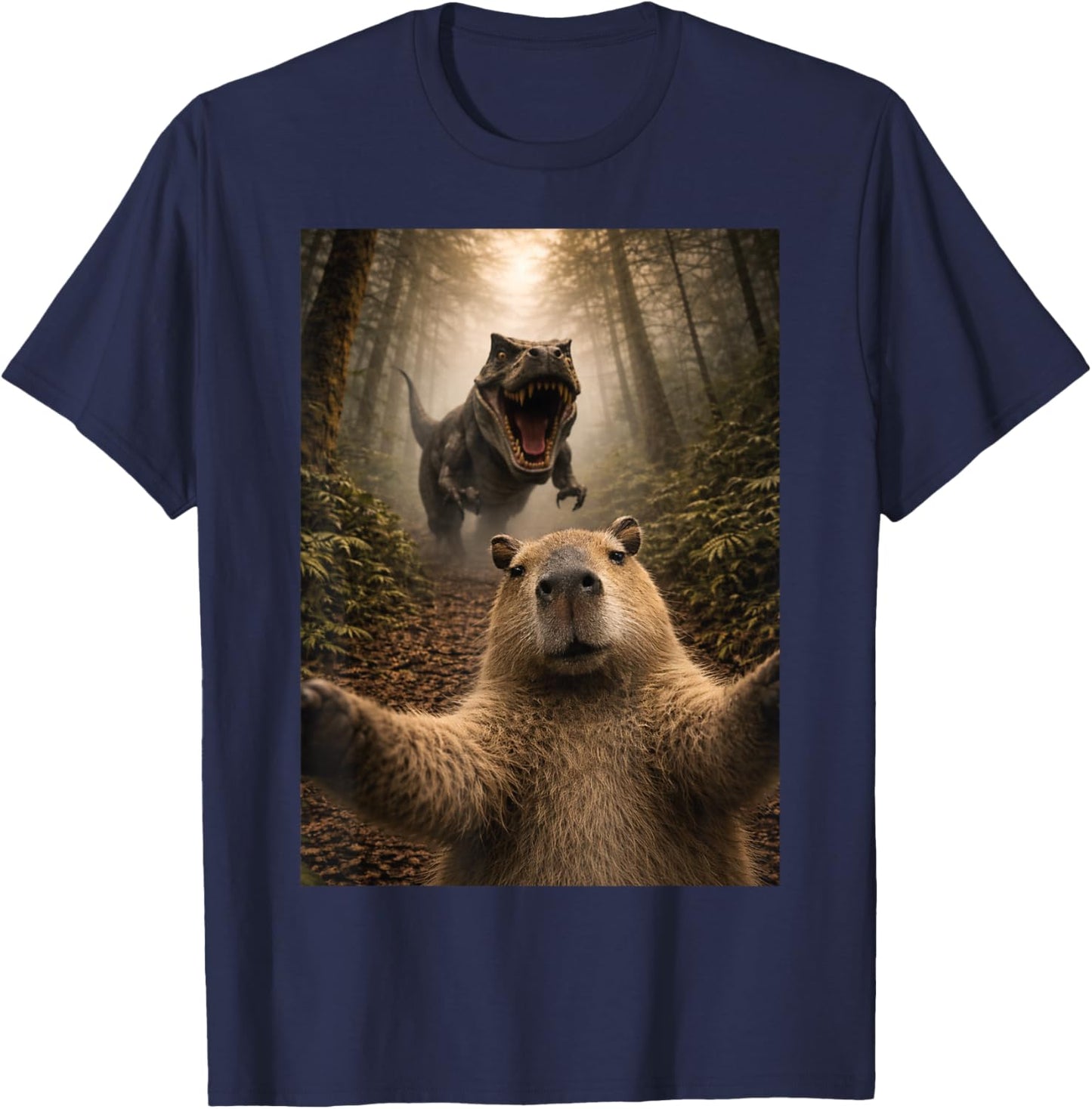 Funny Capybara Selfie with T-Rex Dinosaur Capybaras Lover T-Shirt - T-Shirt | Navy