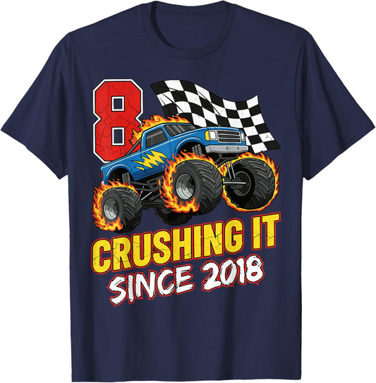 Birthday Monster Truck 8 Year Old Boys 8th Party Born 2018 T-Shirt - T-Shirt | Navy