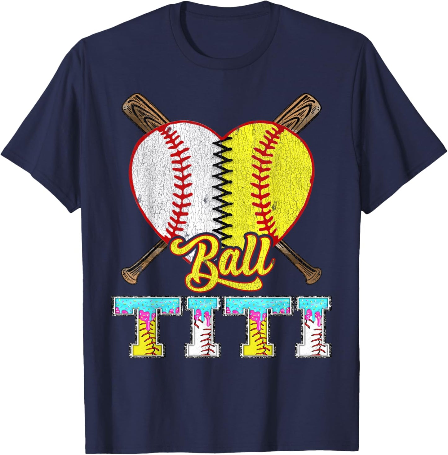 Titi of Both Half Baseball Softball Ice Cream Drip T-Shirt - T-Shirt | Navy