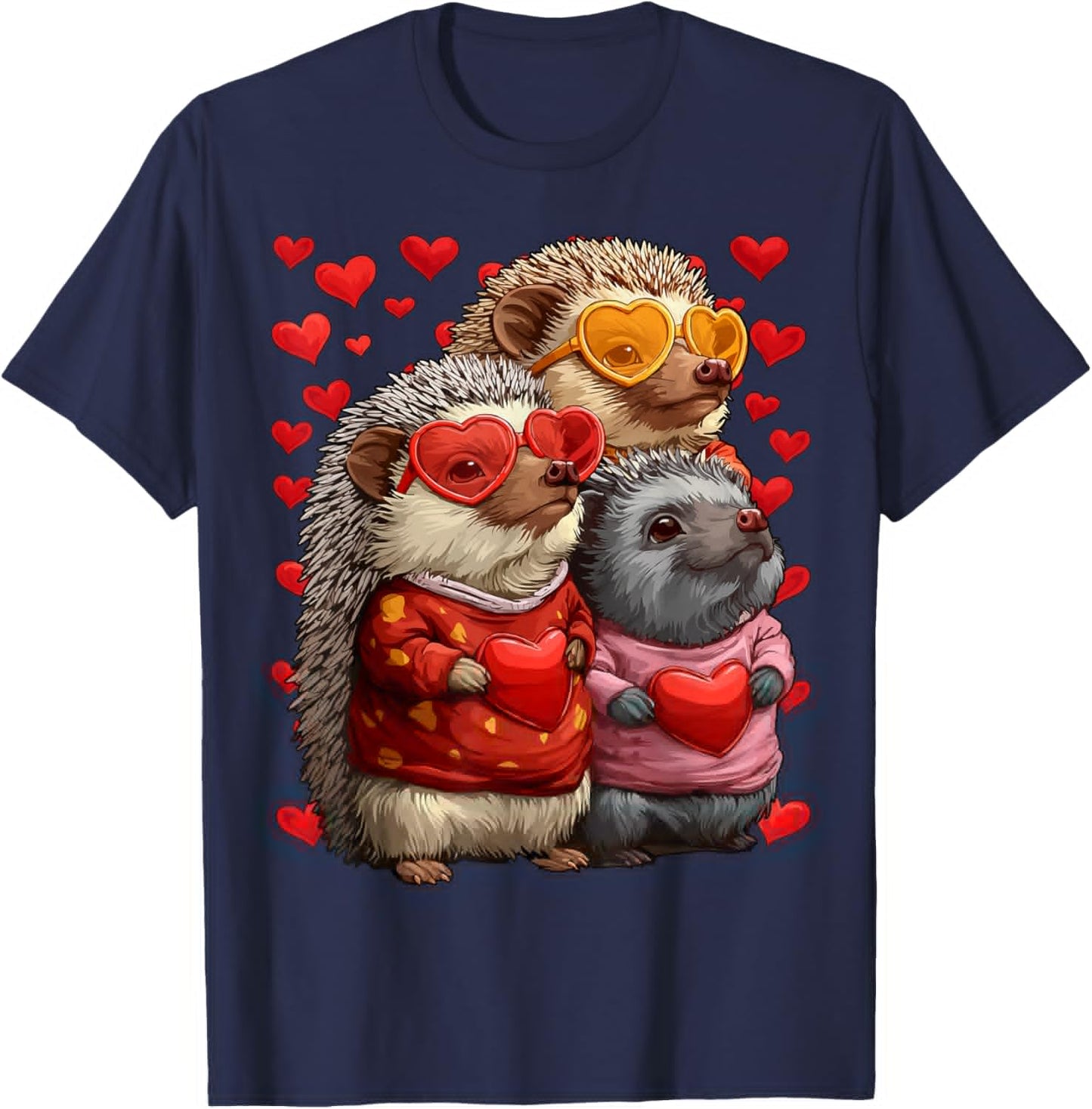 Cute Hedgehogs with Heart Sunglasses Valentines Day Hearts T-Shirt - T-Shirt | Navy