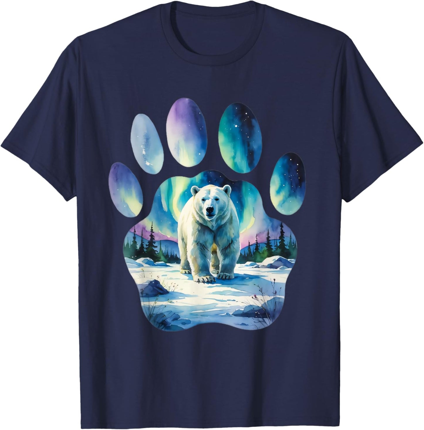 Polar Bear with Northern Lights in Paw-Shaped Frame T-Shirt - T-Shirt | Navy