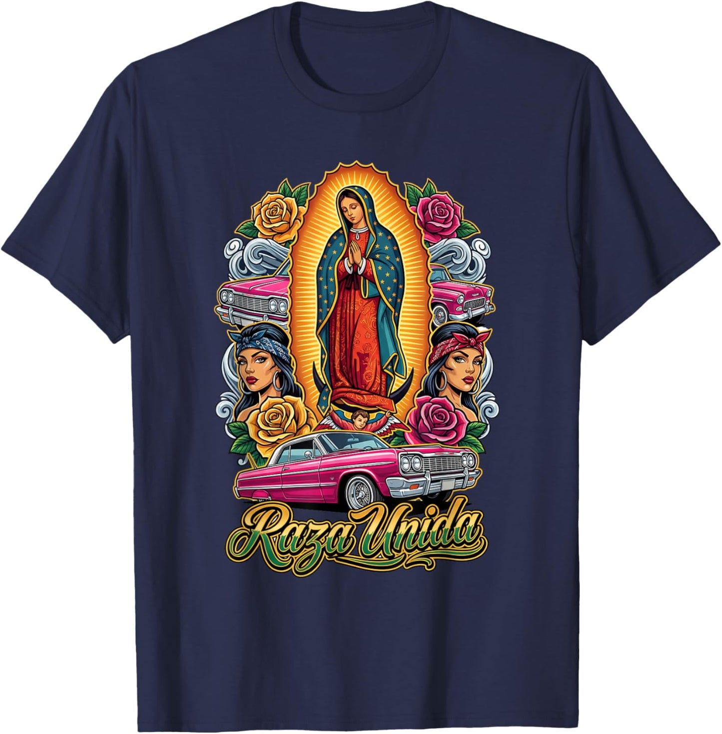 Raza UNIDA Virgen DE Guadalupe Cholo Chicano Art T-Shirt - T-Shirt | Navy