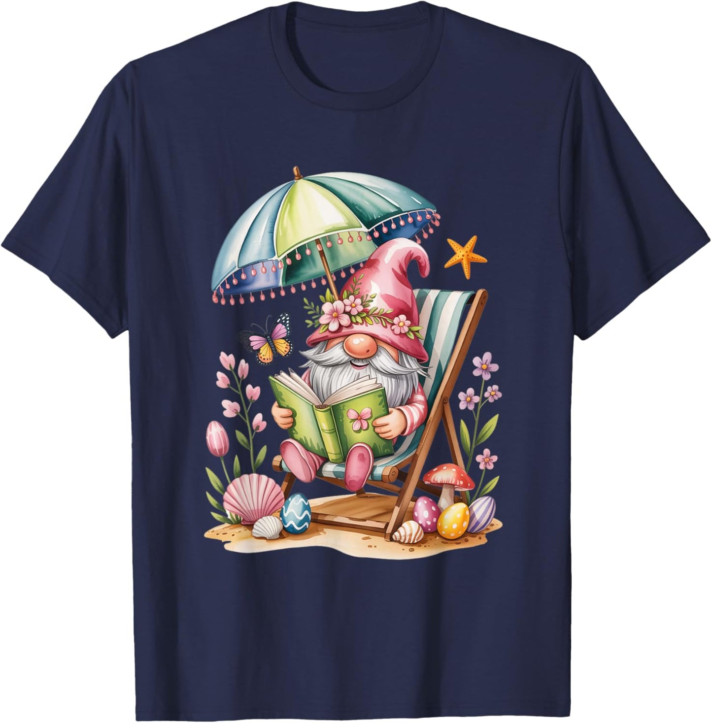 Cute Summer Relaxing Gnome Art for Book Lovers T-Shirt - T-Shirt | Navy