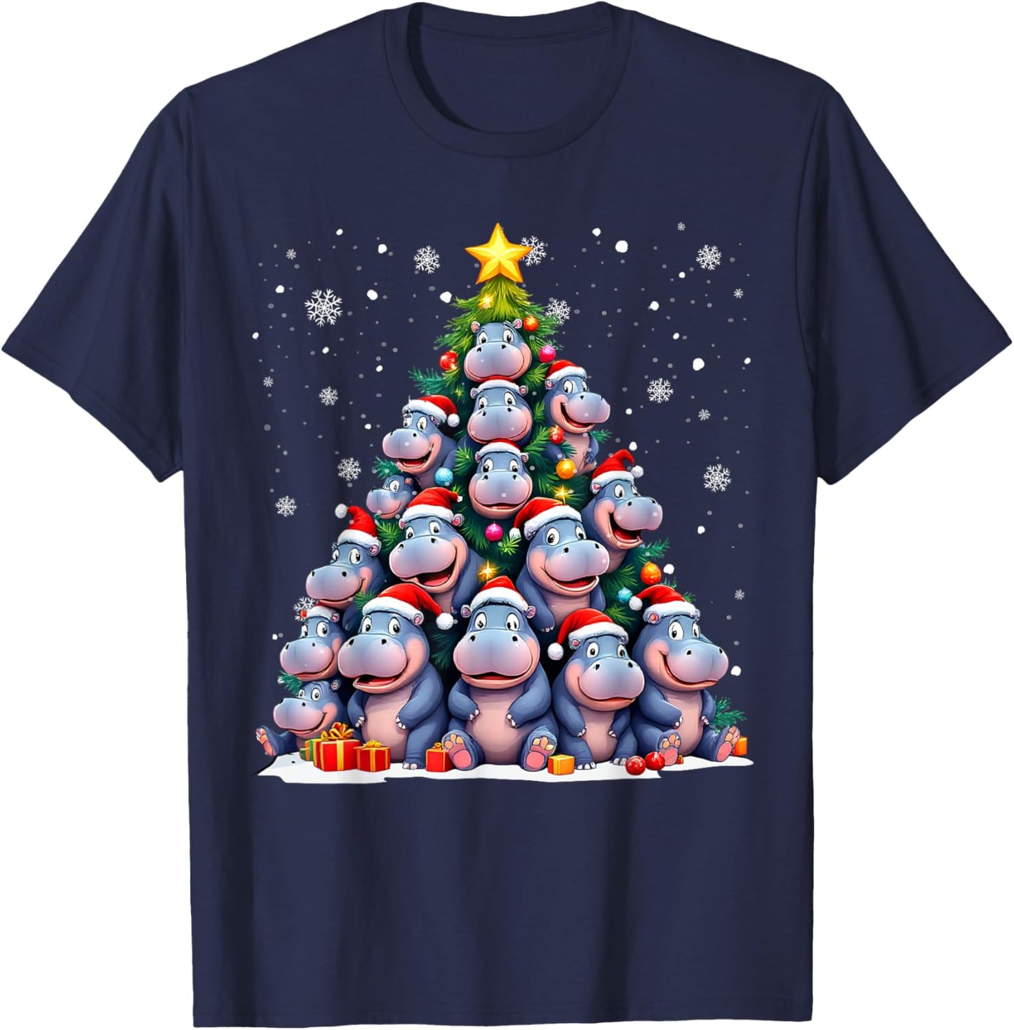 Funny Christmas Tree Hippo Family Xmas Pajamas T-Shirt - T-Shirt | Navy