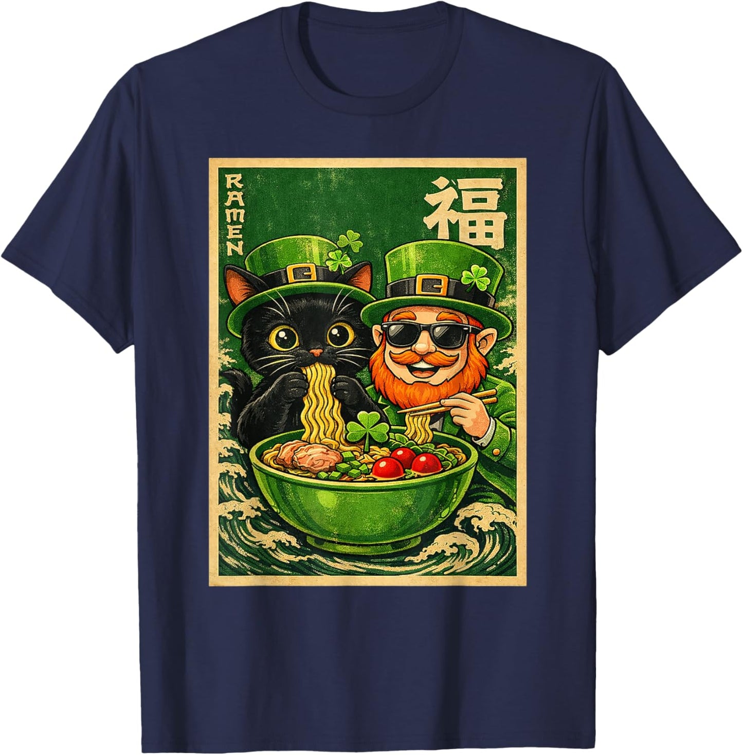 Leprechaun Japanese Cat Kawaii Ramen Funny St Patrick's Day T-Shirt - T-Shirt | Navy