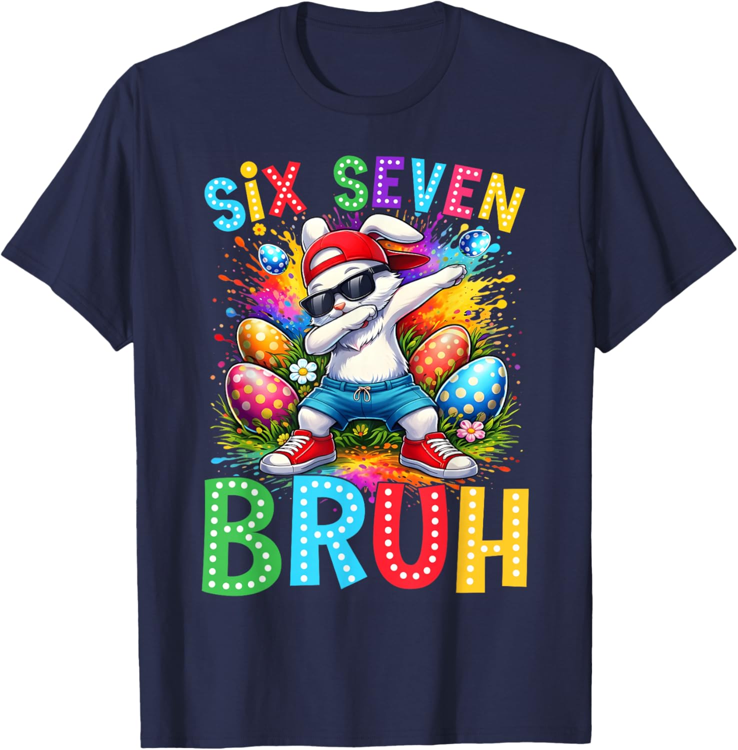 Easter Day Dabbing Bunny Rabbit Six Seven Bruh Meme T-Shirt - T-Shirt | Navy