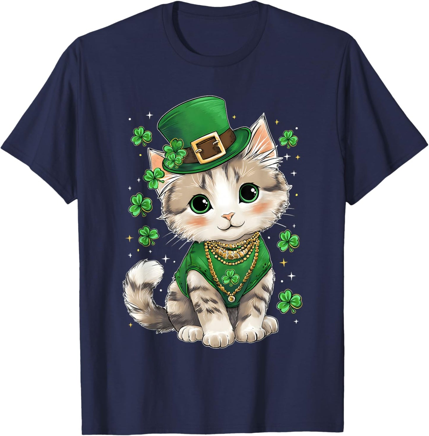 St Patricks Day Cat Leprechaun Hat Shamrock Saint Pattys Day T-Shirt - T-Shirt | Navy