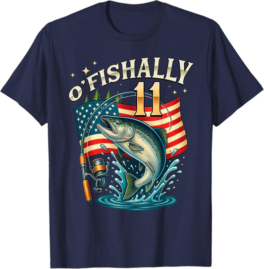 O'fishally 11 Years Old Fishing 11th Birthday Boys Kids T-Shirt - T-Shirt | Navy