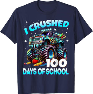 I Crushed 100 Days of School Monster Truck 100th Day Boys T-Shirt - T-Shirt | Navy