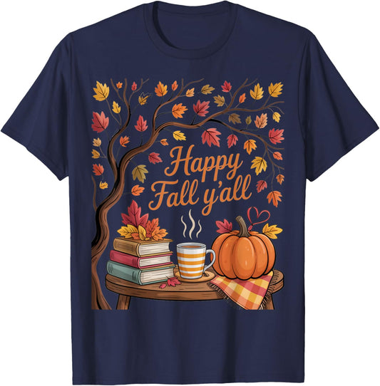 Happy Fall Y'all Floral Pumpkin Autumn Coffee Women T-Shirt - T-Shirt | Navy