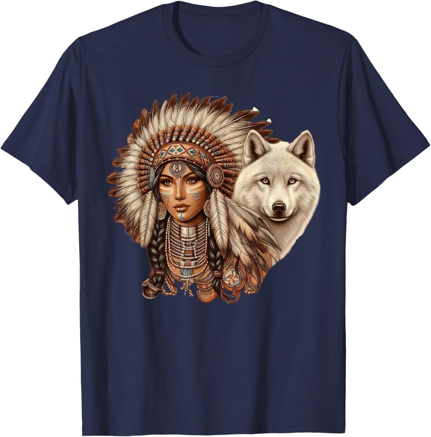 Indian Native American Woman with White Wolf Vintage T-Shirt - T-Shirt | Navy
