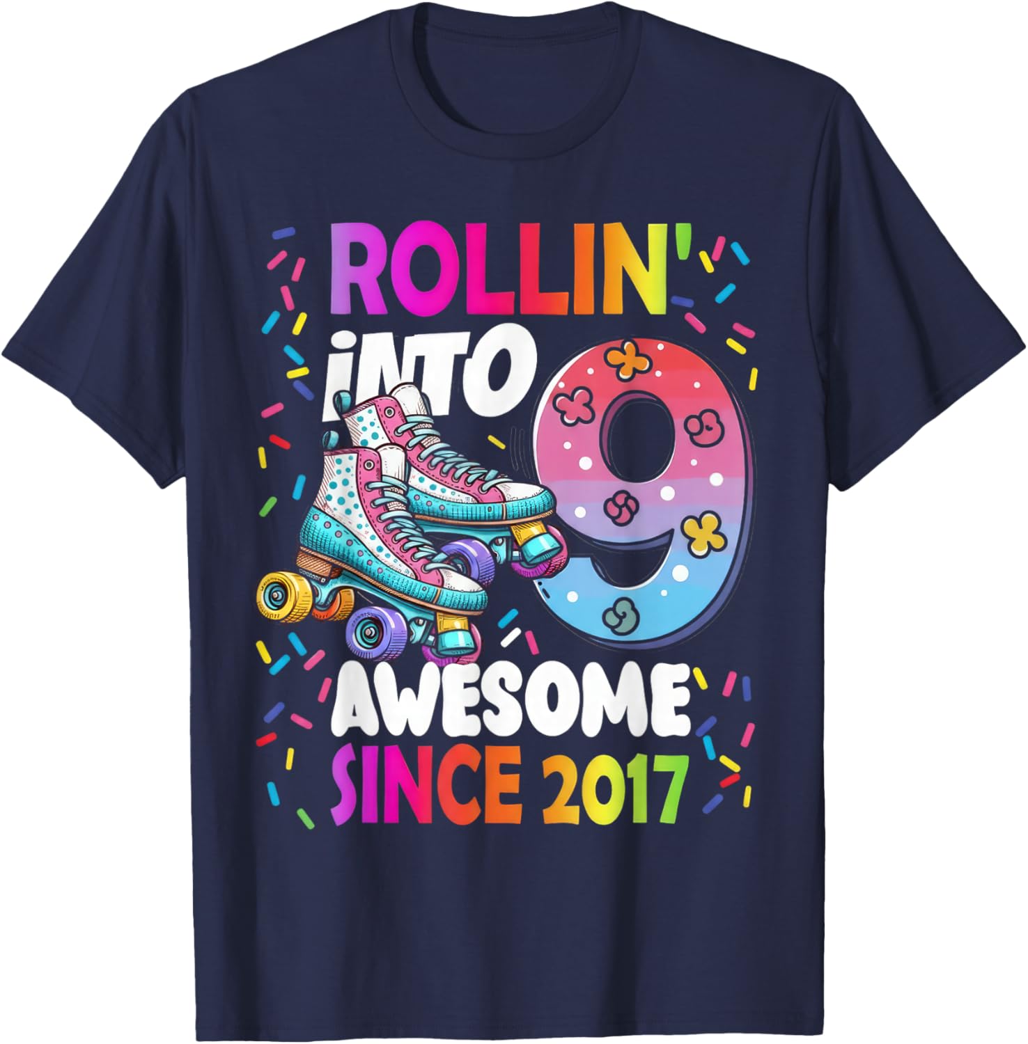 Rollin Into 9 Awesome Since 2017 Colorful Birthday Skating T-Shirt - T-Shirt | Navy