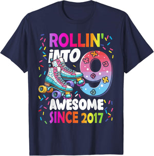 Rollin Into 9 Awesome Since 2017 Colorful Birthday Skating T-Shirt - T-Shirt | Navy