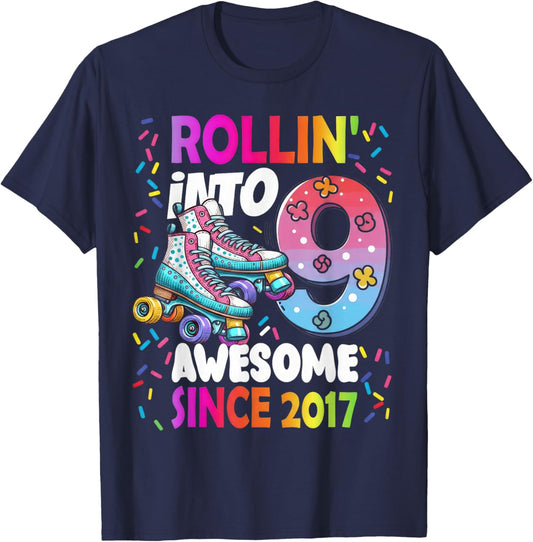 Rollin Into 9 Awesome Since 2017 Colorful Birthday Skating T-Shirt - T-Shirt | Navy