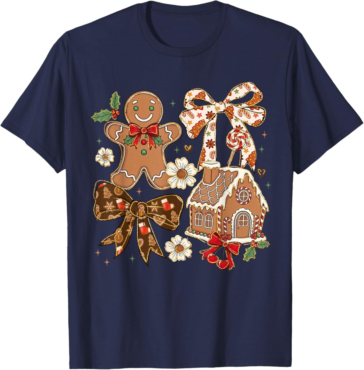 Christmas Gingerbread House Coquette Bow Xmas Girls Women T-Shirt - T-Shirt | Navy