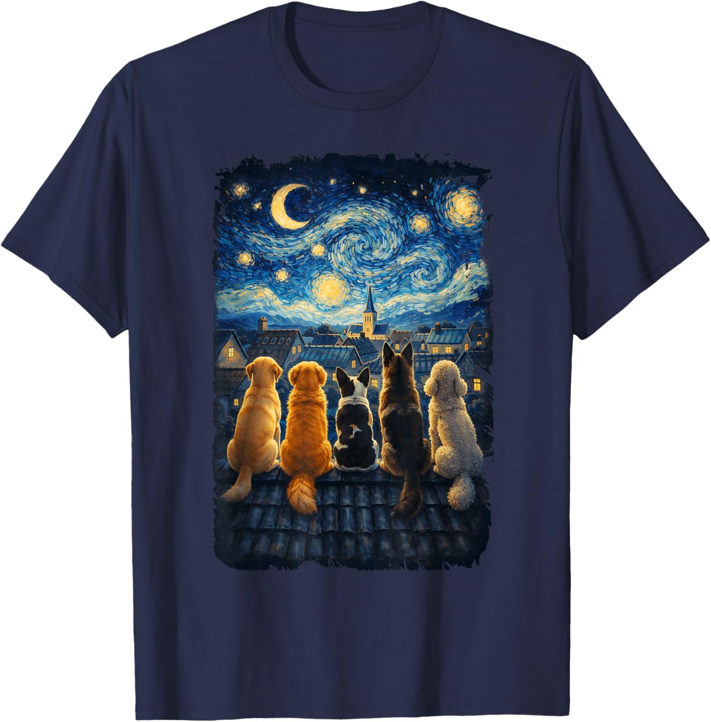 Funny Dog Starry Night Van Gogh Dogs Rooftop Scene T-Shirt - T-Shirt | Navy