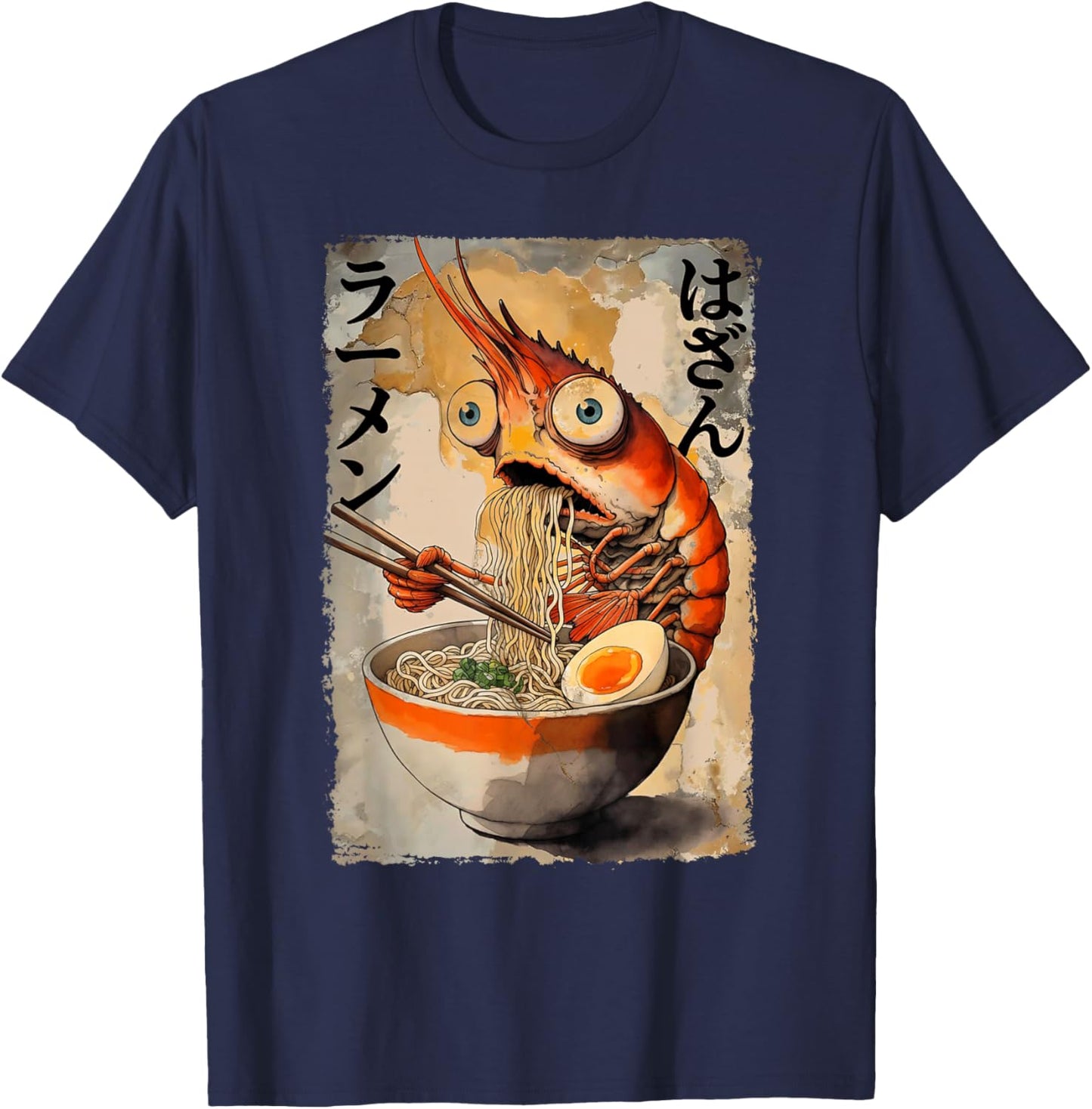 Kawaii Ramen Shrimp Retro Japanese Noodles Artwork T-Shirt - T-Shirt | Navy