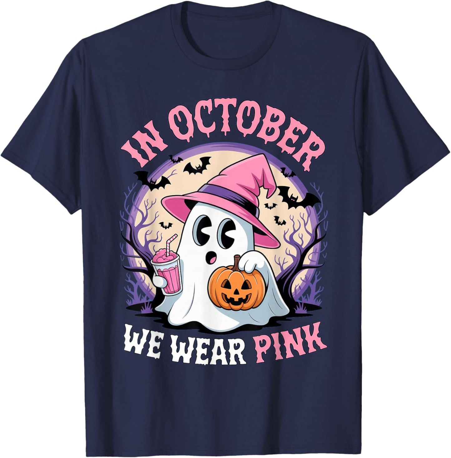 Breast Cancer in October We Wear Pink Ghost T-Shirt - T-Shirt | Navy
