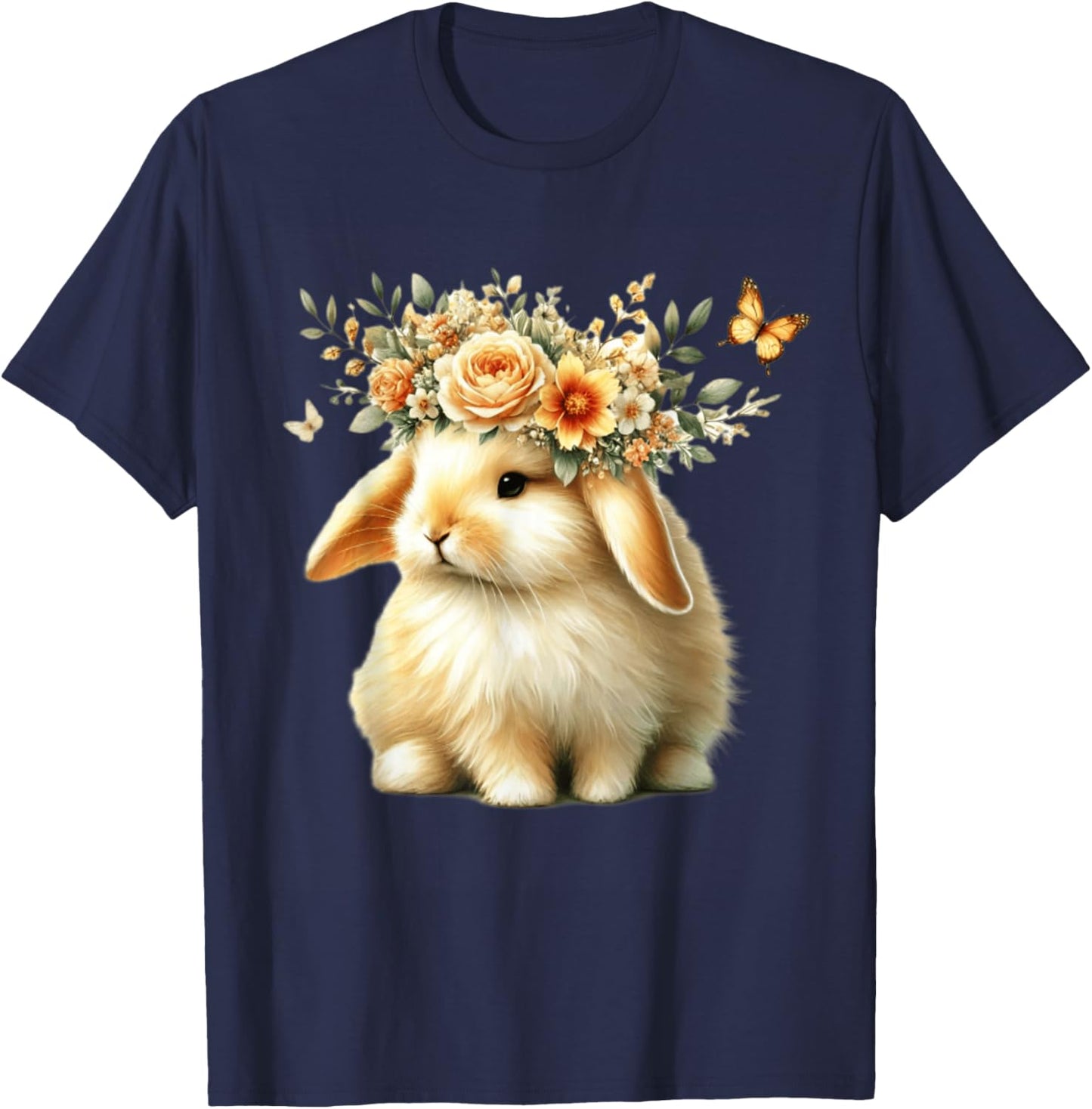 Easter Bunny with Floral Flower Crown Cute Girls Women T-Shirt - T-Shirt | Navy