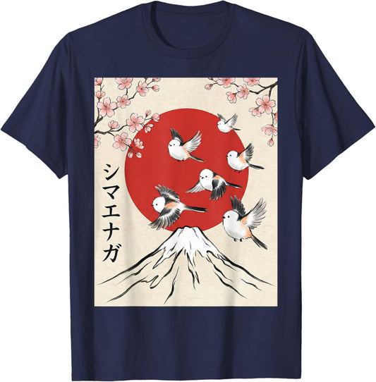 Shima Enaga Snow Fairy Japanese Sakura Mount Fuji Bird T-Shirt - T-Shirt | Navy