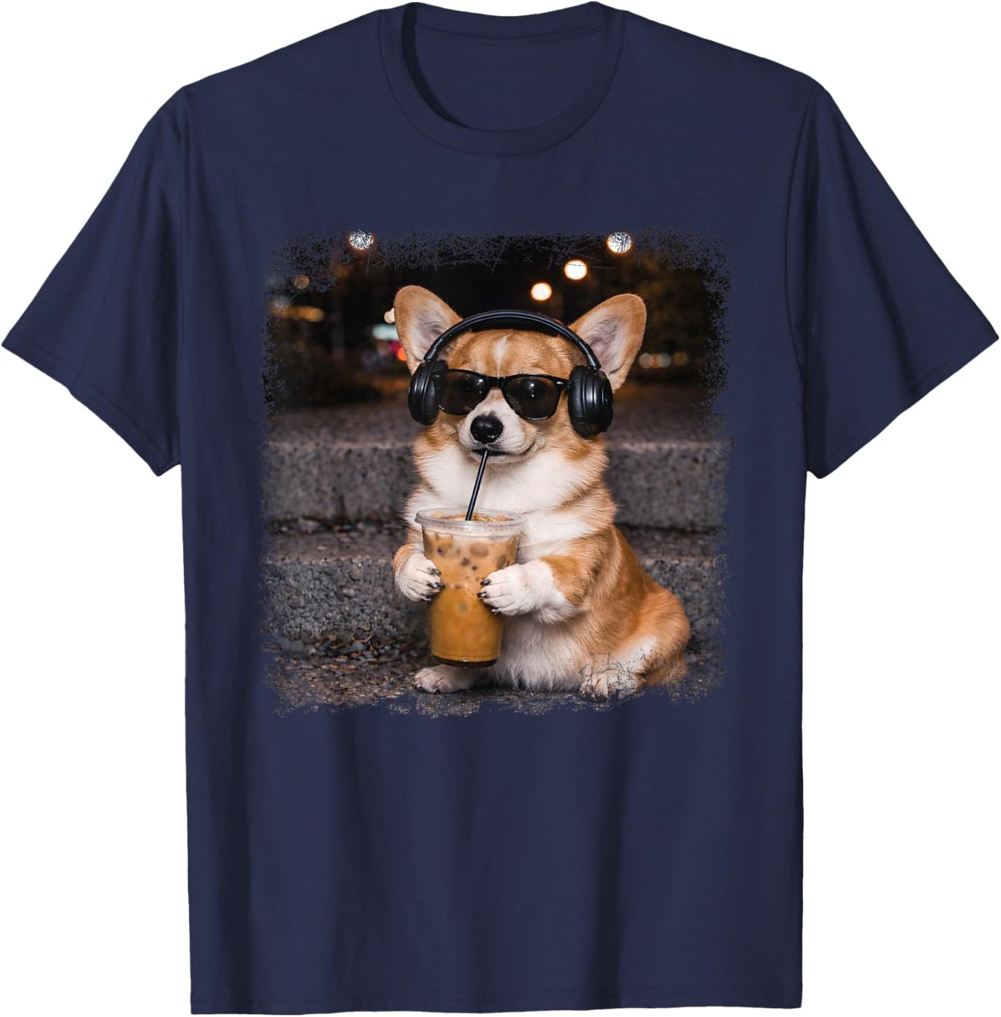 Corgi Drinking Iced Coffee Lover Humor Funny Meme T-Shirt - T-Shirt | Navy