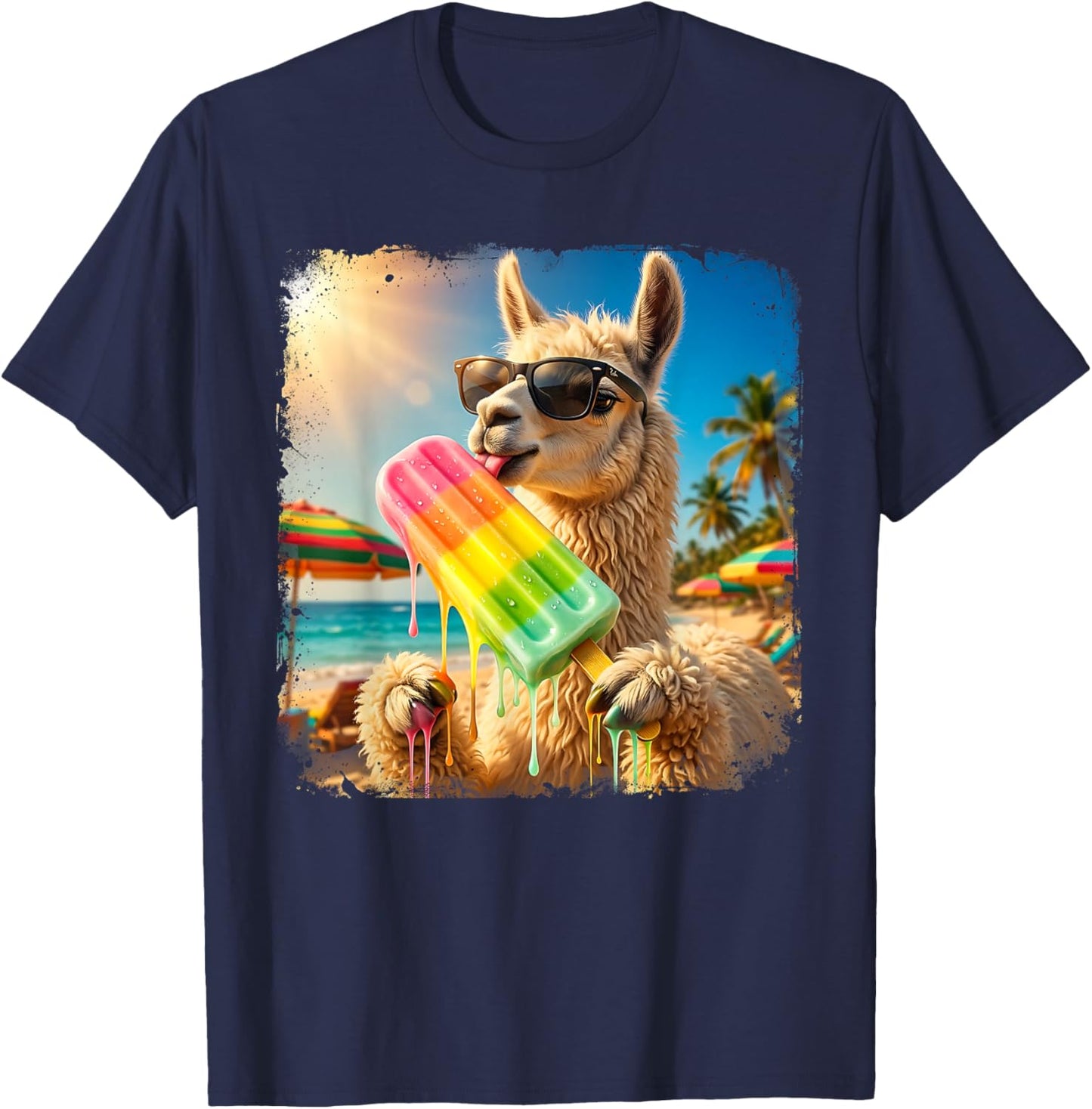 Funny Llama Eating Popsicle Summer Beach Animal Sunglasses T-Shirt - T-Shirt | Navy