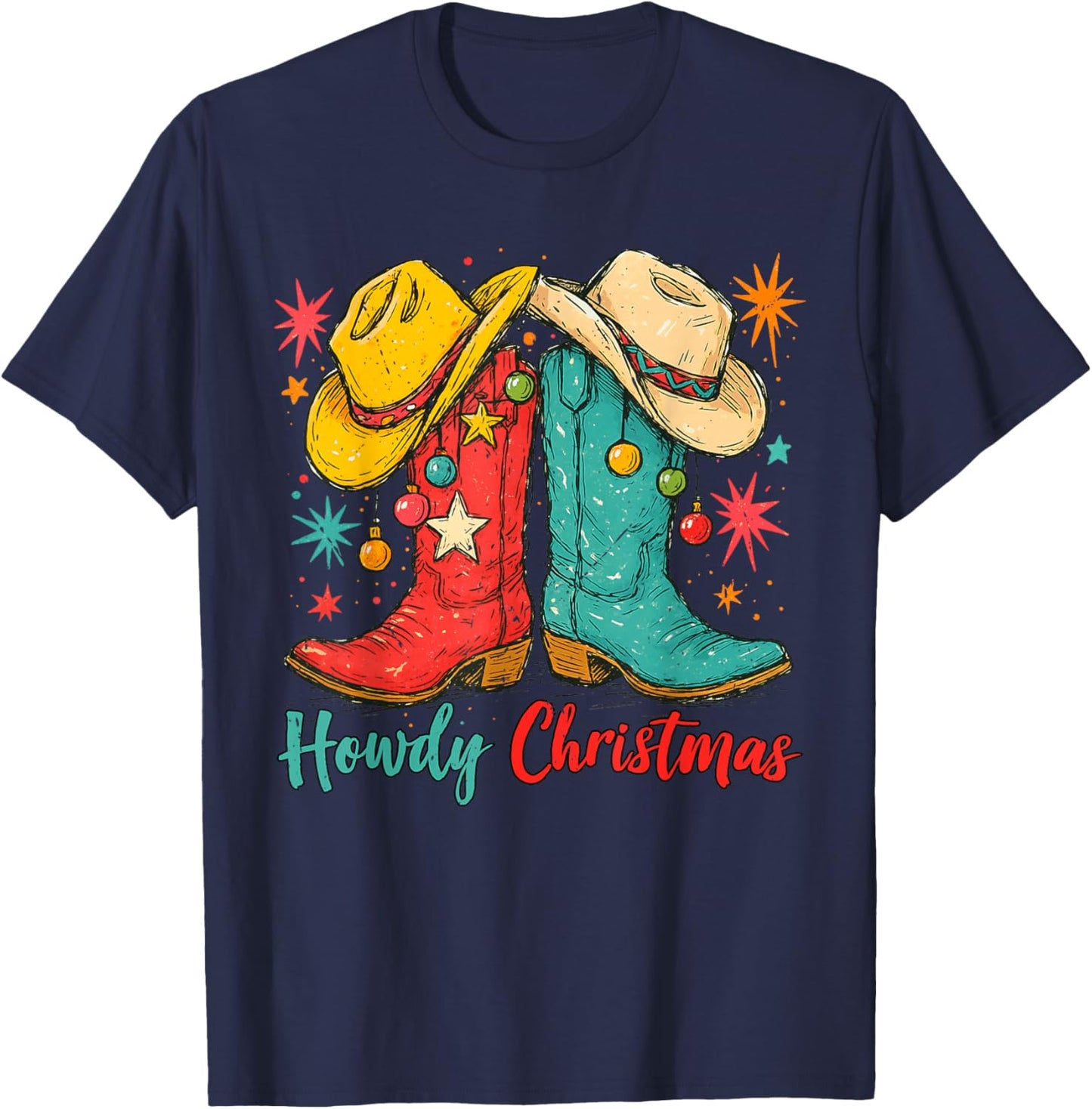 Howdy Christmas Xmas Cowboy Boots Western Men Women Kids T-Shirt - T-Shirt | Navy