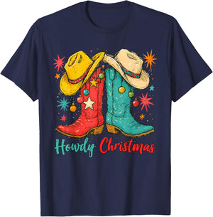Howdy Christmas Xmas Cowboy Boots Western Men Women Kids T-Shirt - T-Shirt | Navy