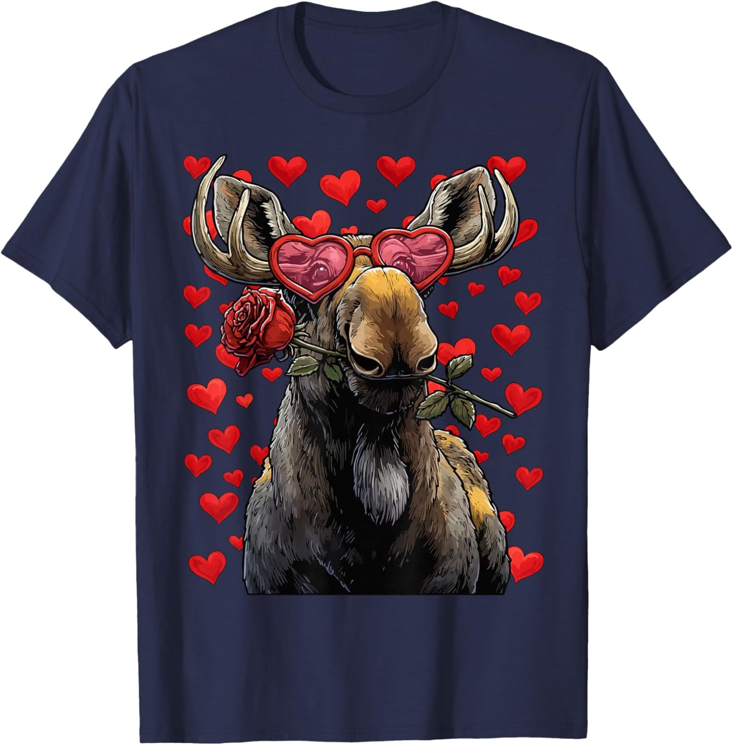 Cute Moose with Heart Glasses Rose Valentine's Day Animal T-Shirt - T-Shirt | Navy