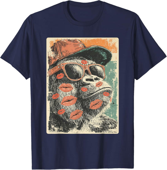 Cute Gorilla with Sunglasses Kisses Valentine's Day Animal T-Shirt - T-Shirt | Navy