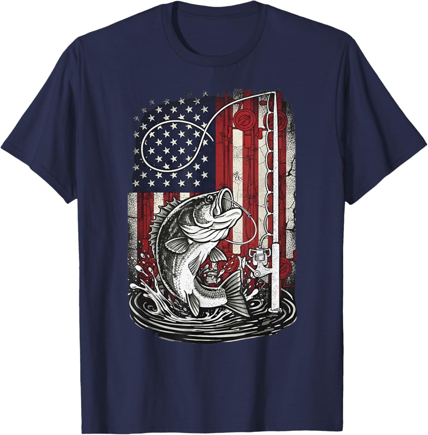 Fishing Camo Bass Fish Camouflage American Flag Fisherman T-Shirt - T-Shirt | Navy