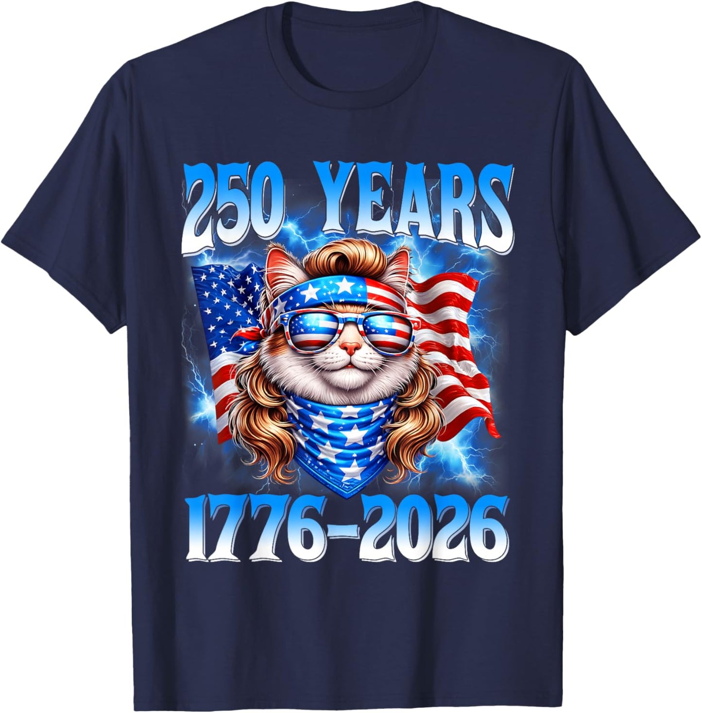 250 Years American 1776 2026 250th USA Cat 4th of July T-Shirt - T-Shirt | Navy