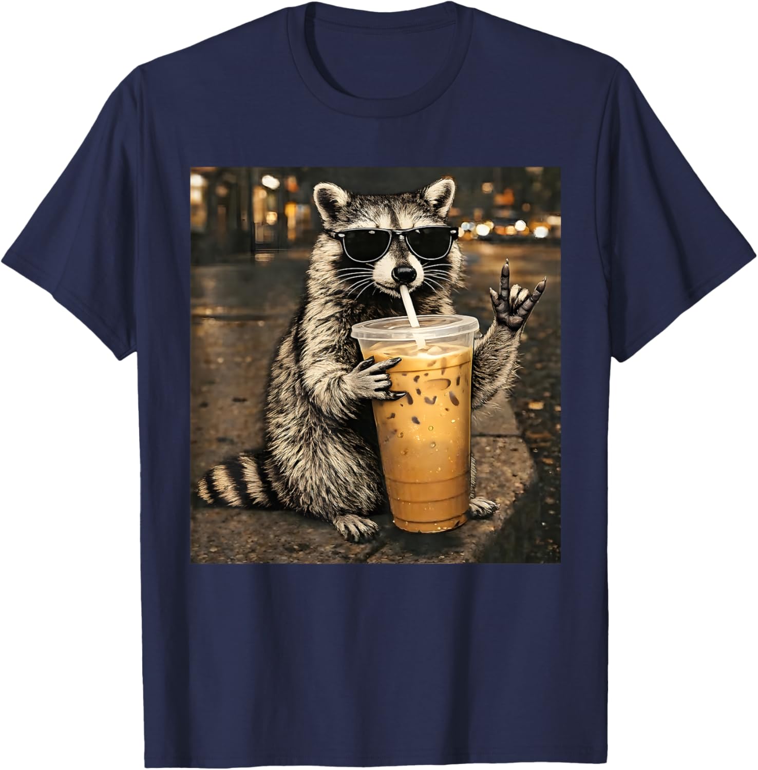 Raccoon Drinking Iced Coffee Funny Animal Meme Men Women T-Shirt - T-Shirt | Navy