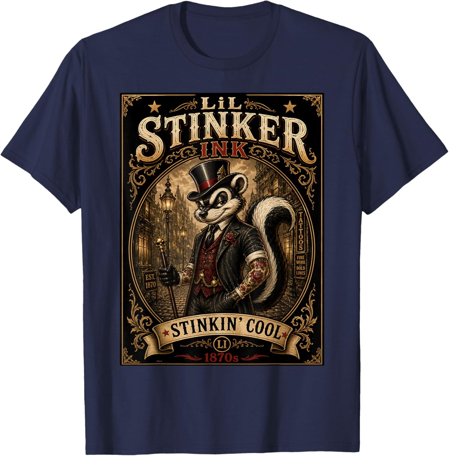 Lil Stinker Ink Vintage Tattoo Skunk Design 1870s Style T-Shirt - T-Shirt | Navy
